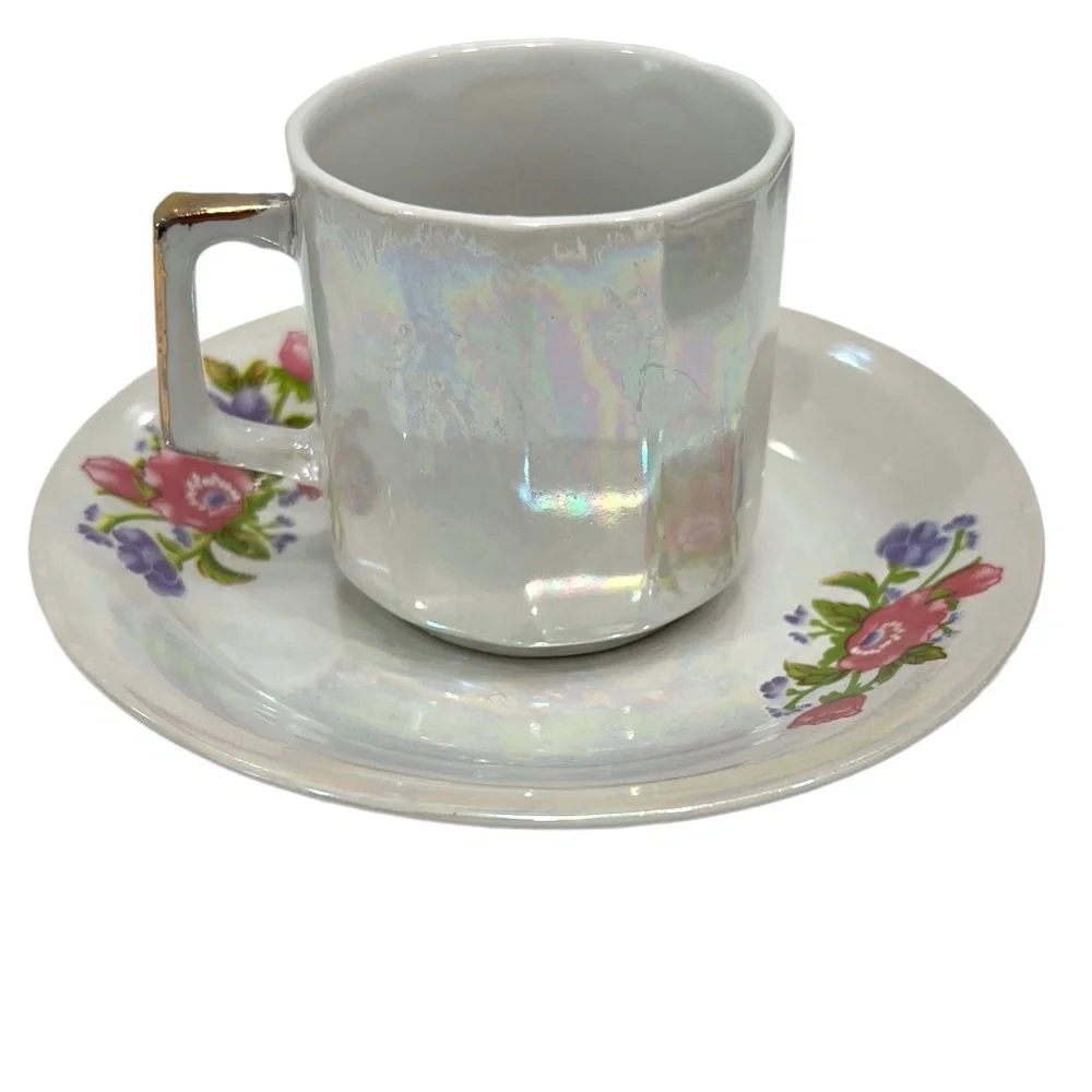 1970s WAHBEH OF CHINA LUSTERWARE PINK & PURPLE FLORAL CUPS & SAUCERS - SET OF 6